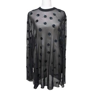 Zara Black Sheer Mesh Sequin Polka Dot Long Sleeve Top XL
